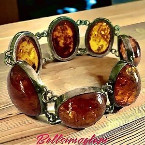 Baltic Amber Bracelet Sterling Silver Linked Form Oval Cabochon Jewels